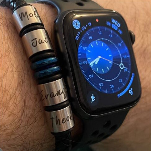 Custom Engraved Leather Bracelet with Stainless Steel Rings & Blue Accent Bead