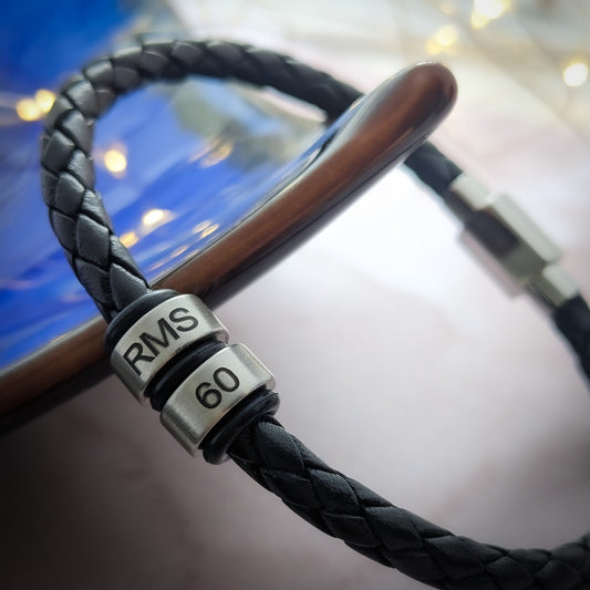 Personalised Mens Leather Bracelet With Engraved Name Rings