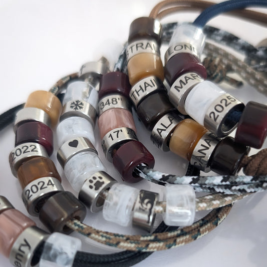 Personalised Beaded Bracelet With Engraved Rings (sandy cord)