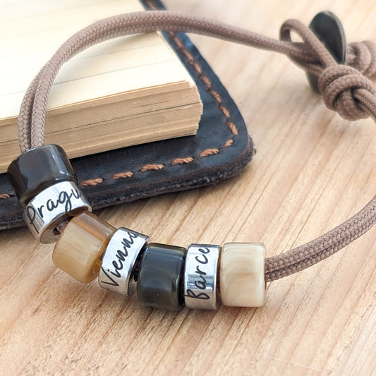 Personalised Beaded Bracelet With Engraved Rings (mocha cord)