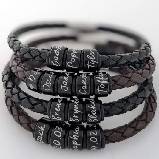 Personalized Mens Leather Bracelet With Black Name Rings