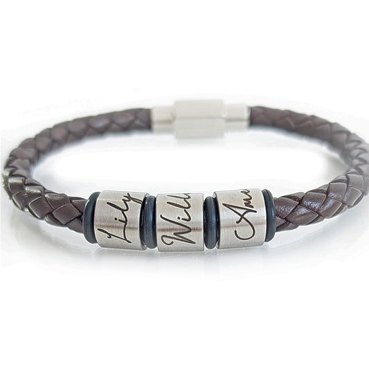 Black Leather Bracelet With Script Engraved Name Rings