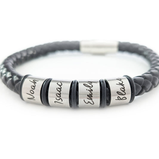 Chunky Leather Bracelet With Engraved Name Rings