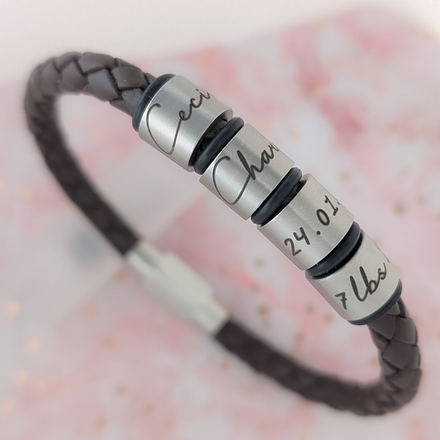 Black Leather Bracelet With Script Engraved Name Rings