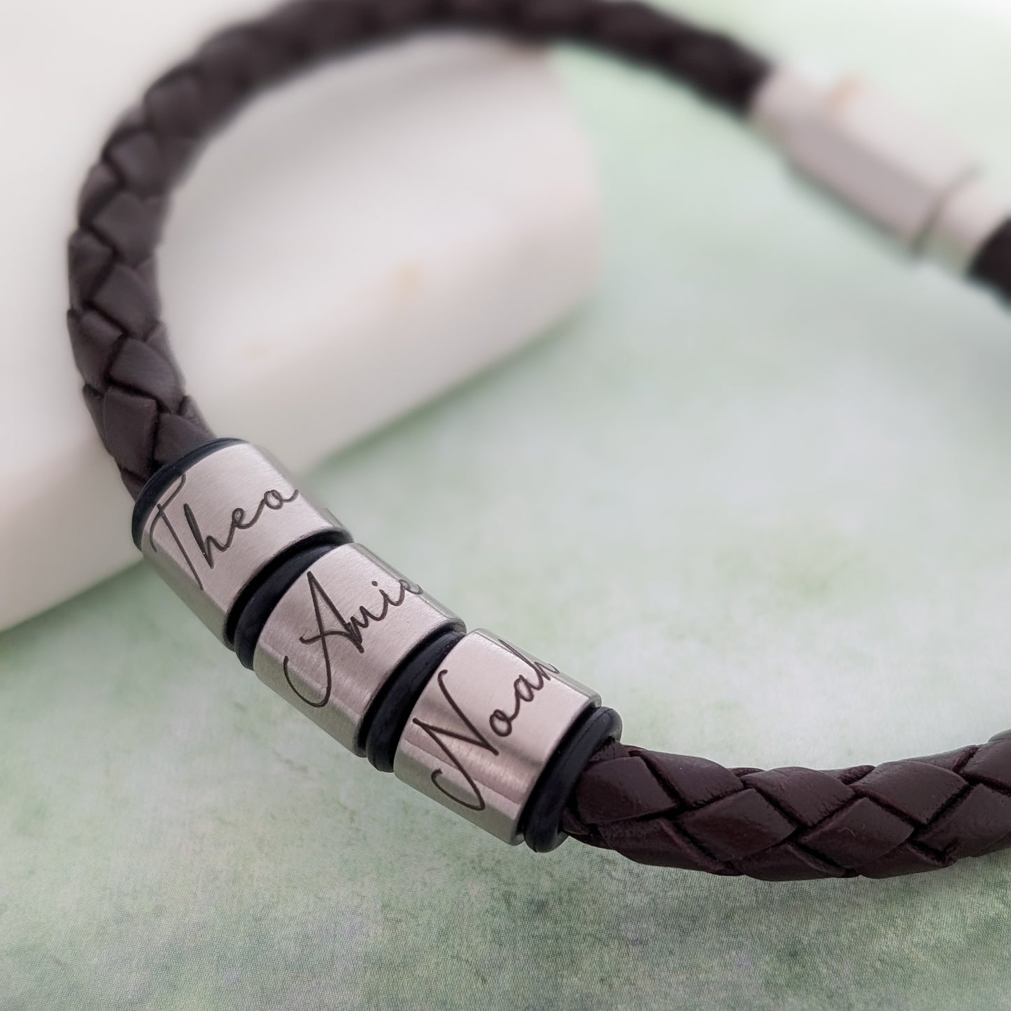 Black Leather Bracelet With Script Engraved Name Rings