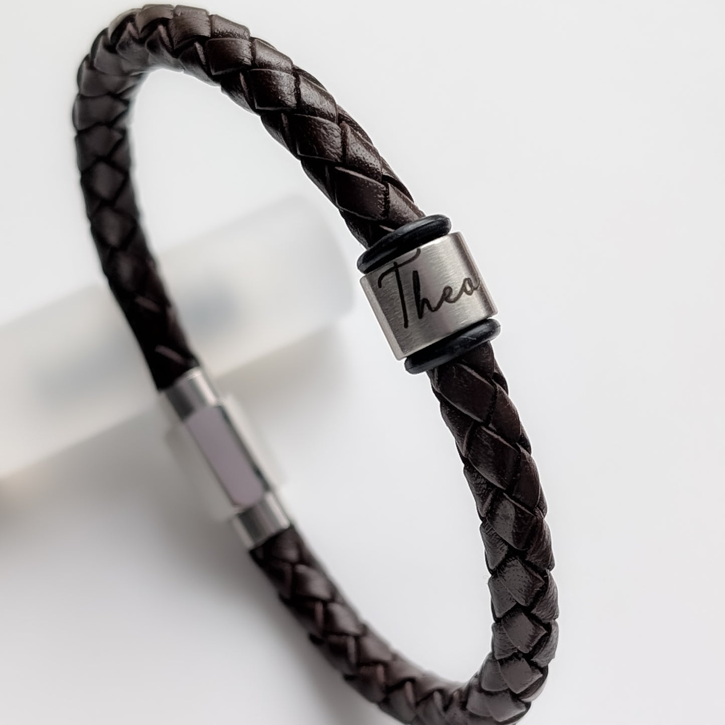 Black Leather Bracelet With Script Engraved Name Rings