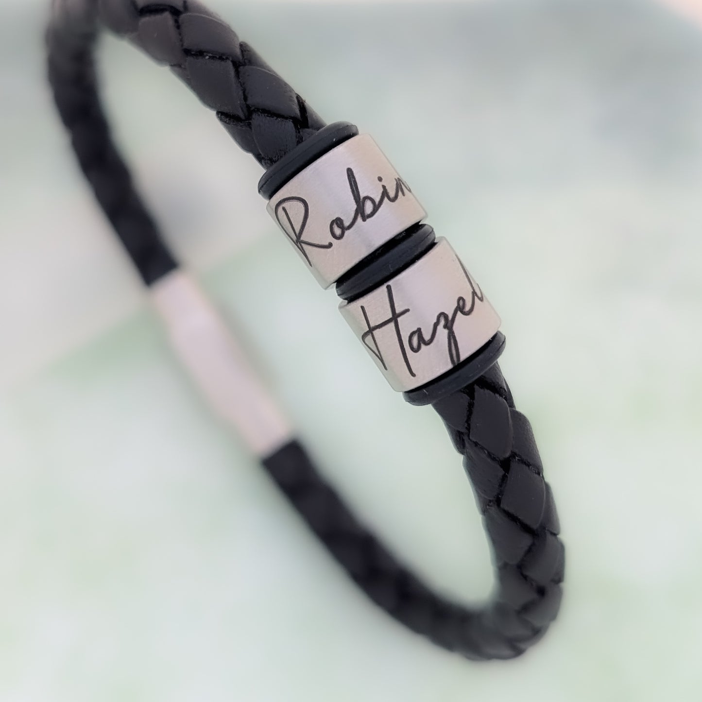 Black Leather Bracelet With Script Engraved Name Rings