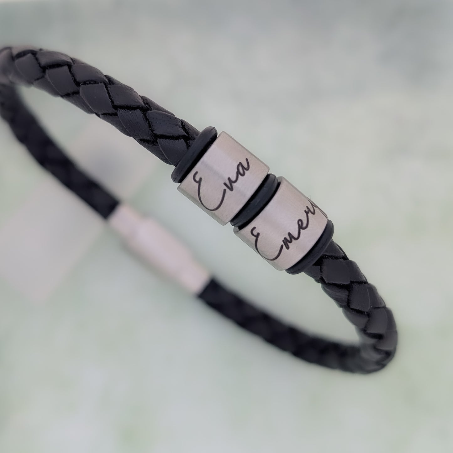 Black Leather Bracelet With Script Engraved Name Rings