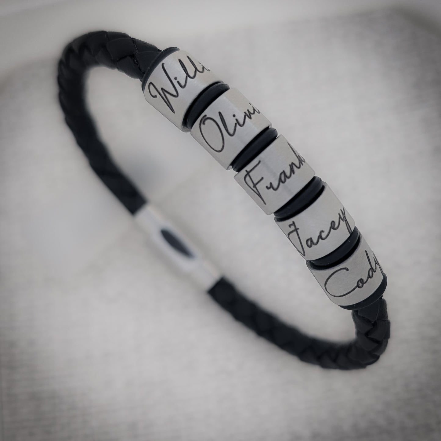 Black Leather Bracelet With Script Engraved Name Rings