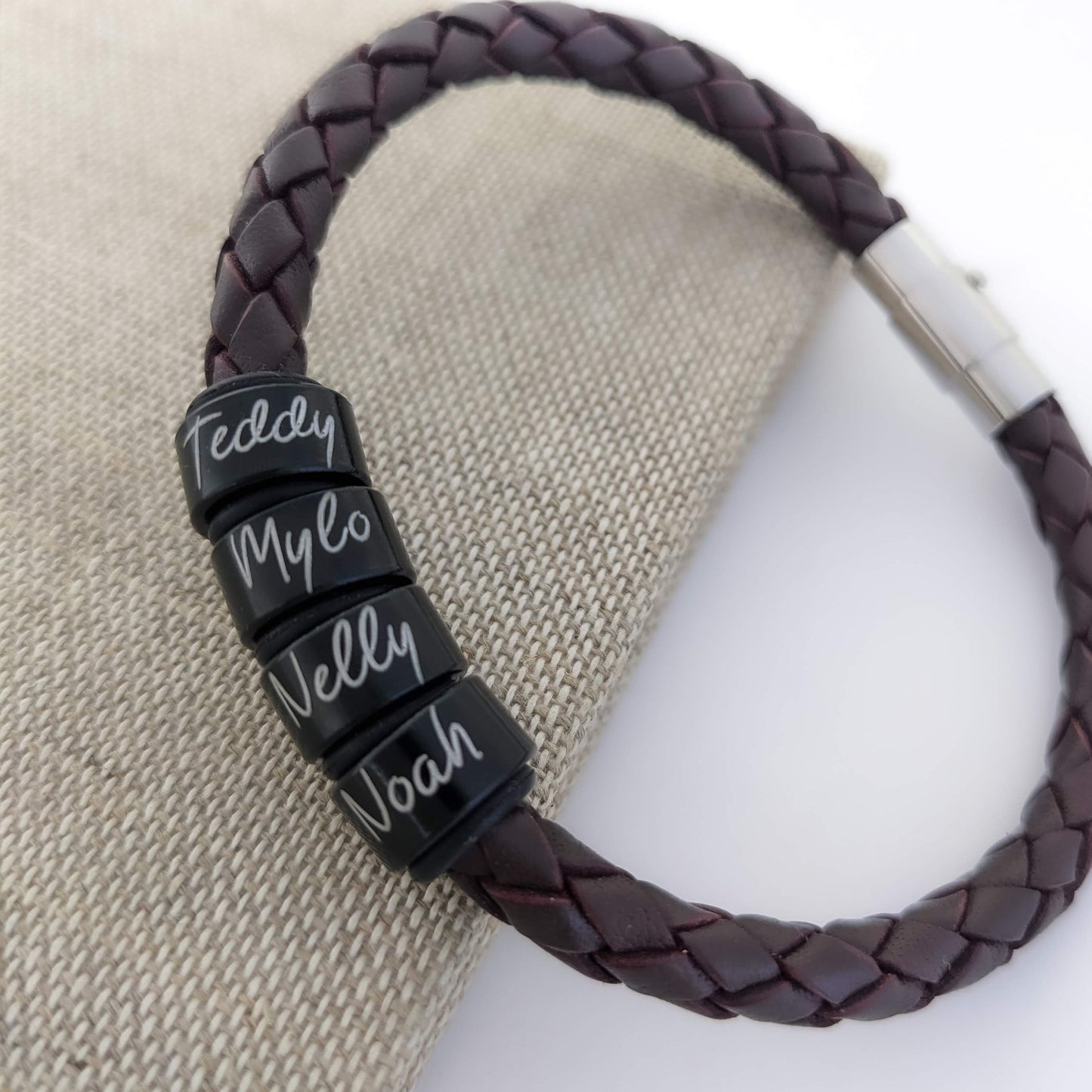 Personalized Mens Leather Bracelet With Black Name Rings