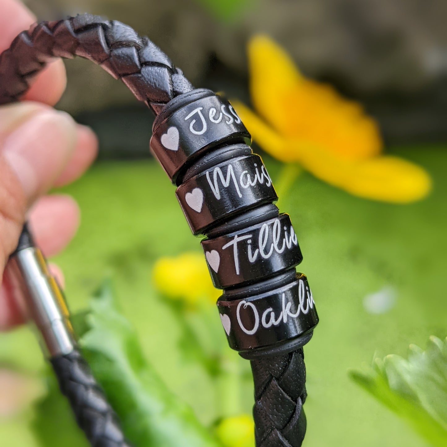 Personalized Mens Leather Bracelet With Black Name Rings