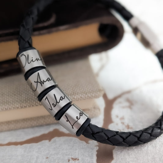 Black Leather Bracelet With Script Engraved Name Rings