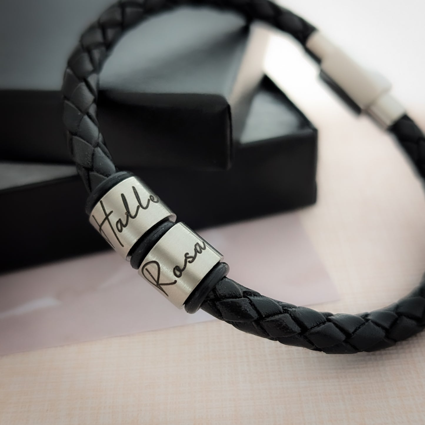 Black Leather Bracelet With Script Engraved Name Rings