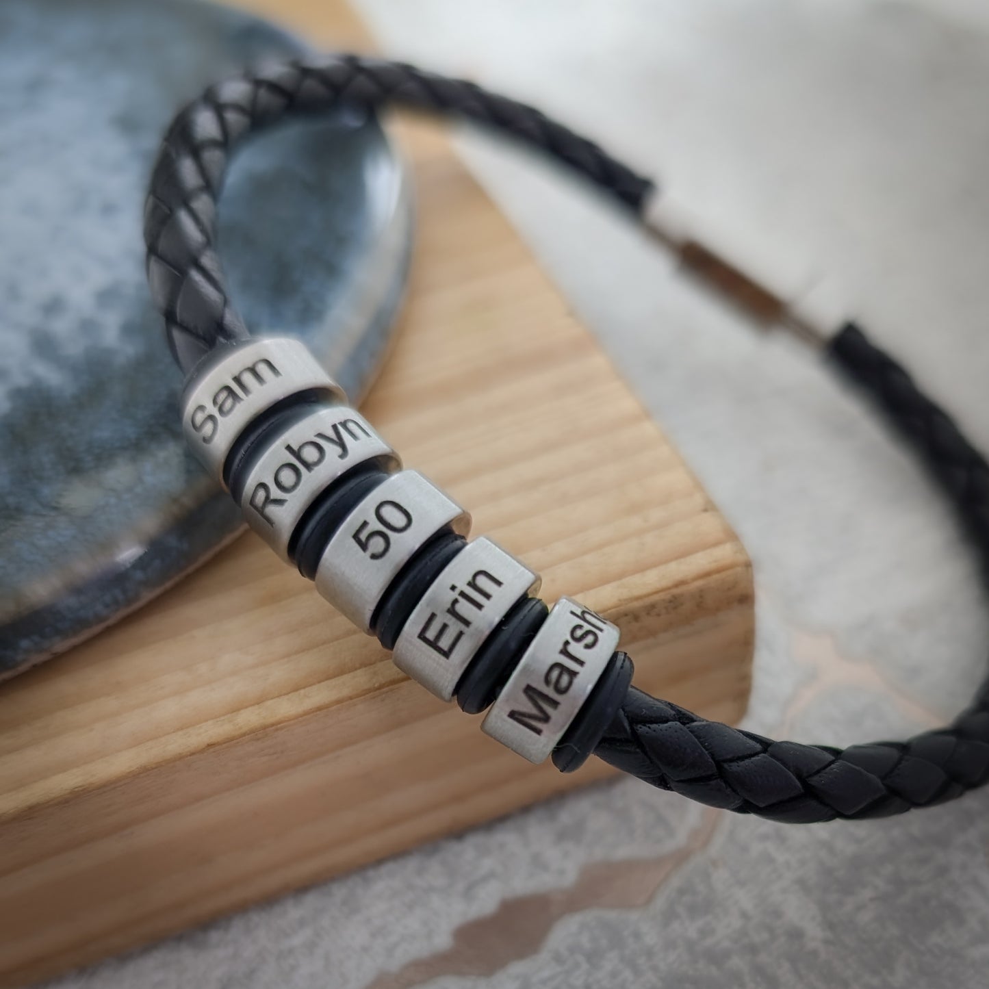 Personalised Mens Leather Bracelet With Engraved Name Rings