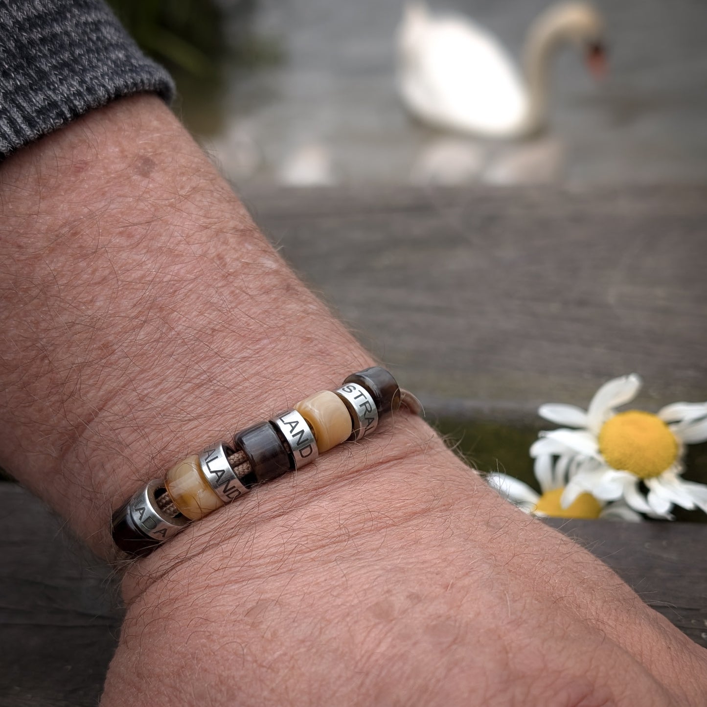 Personalised Beaded Bracelet With Engraved Rings (mocha cord)