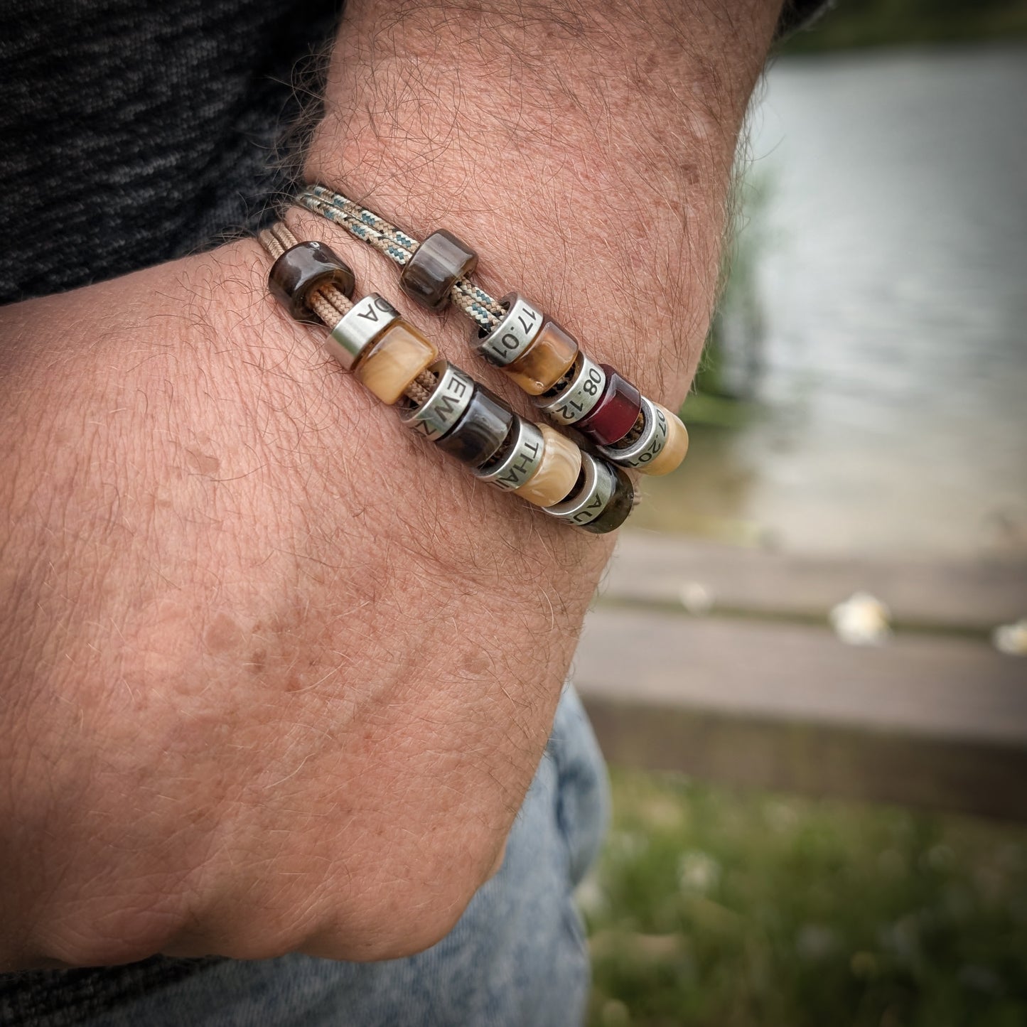 Personalised Beaded Bracelet With Engraved Rings (mocha cord)