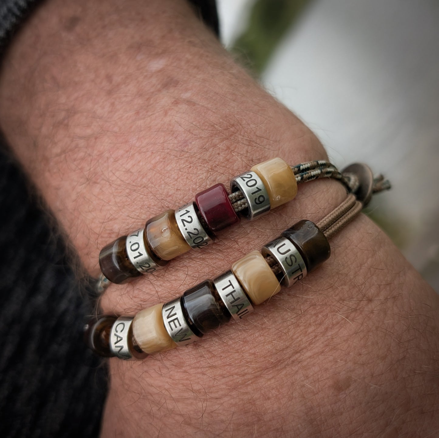 Personalised Beaded Bracelet With Engraved Rings (mocha cord)