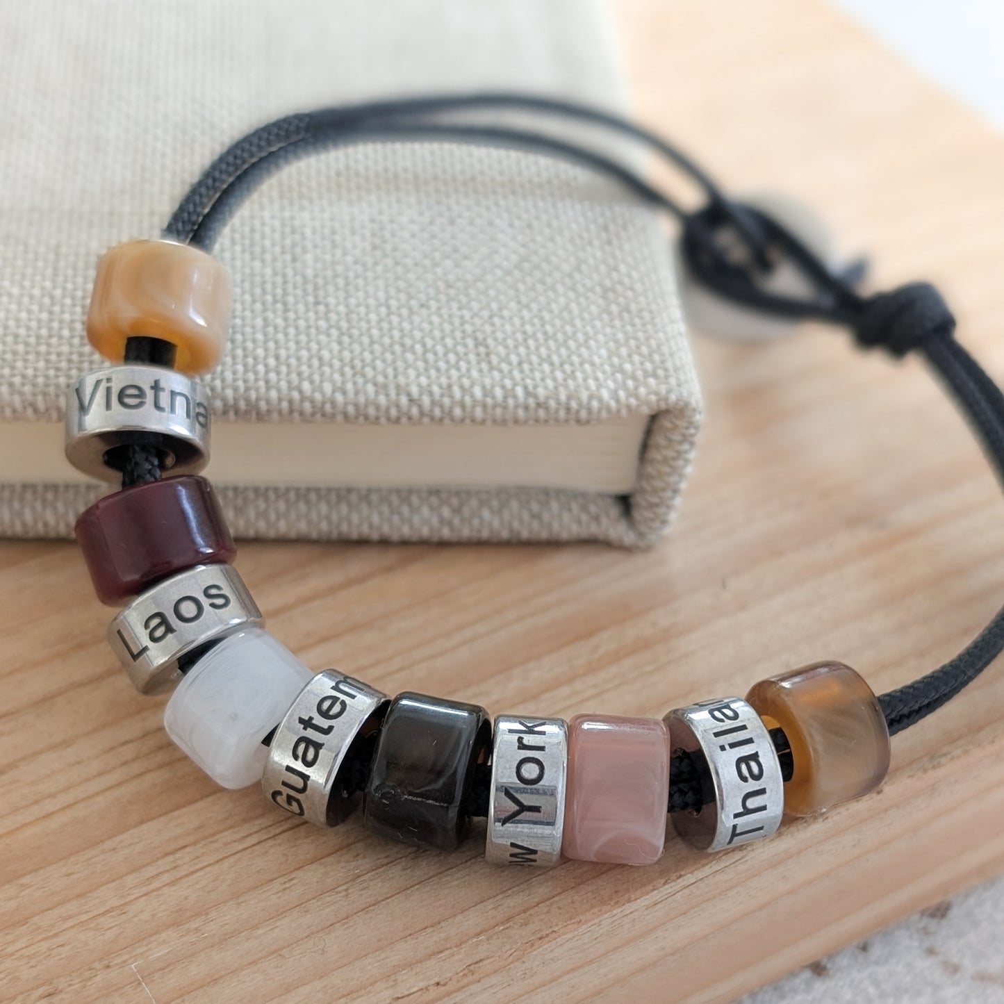 Personalised Beaded Bracelet With Engraved Rings (mocha cord)
