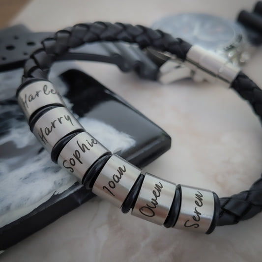 Chunky Leather Bracelet With Engraved Name Rings