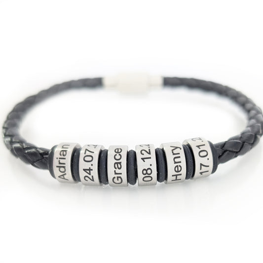 Personalised Mens Leather Bracelet With Engraved Name Rings