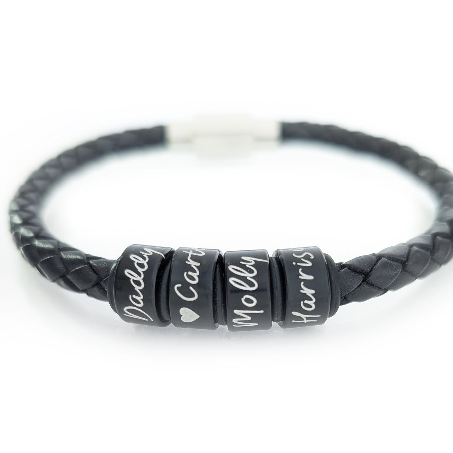 Personalized Mens Leather Bracelet With Black Name Rings