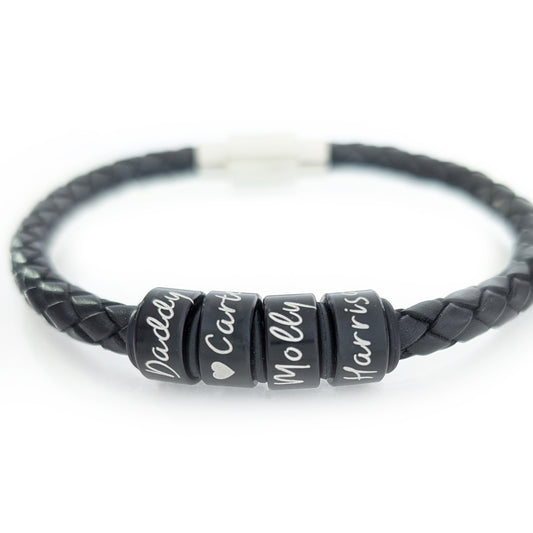 Personalized Mens Leather Bracelet With Black Name Rings