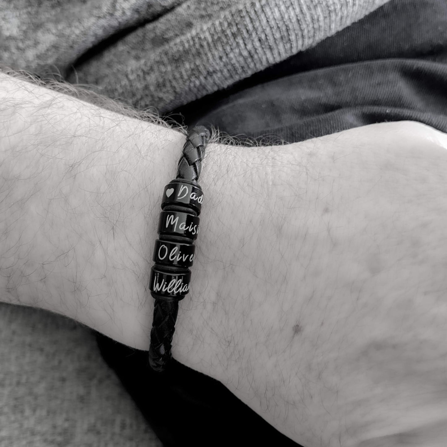 Personalized Mens Leather Bracelet With Black Name Rings