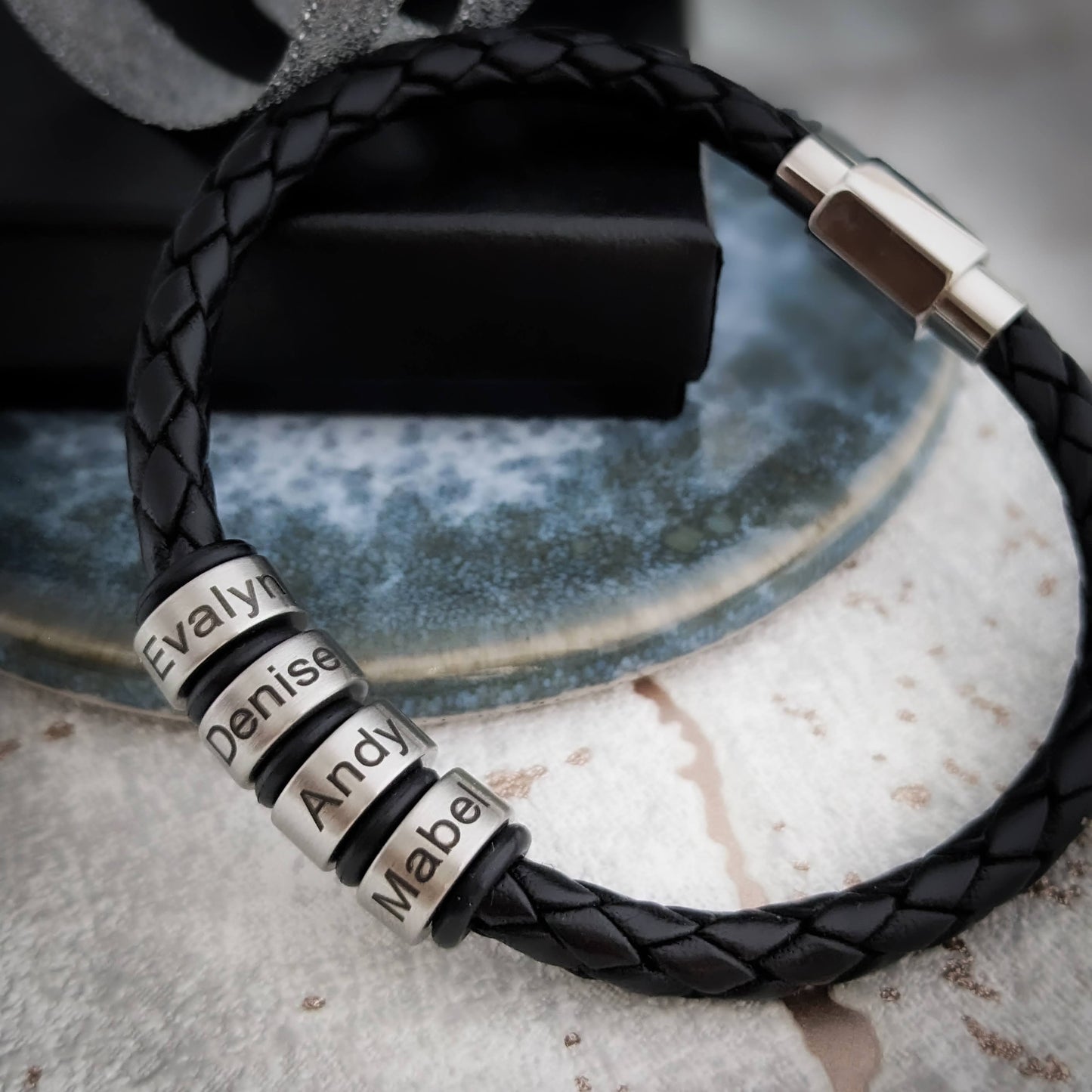 Personalised Mens Leather Bracelet With Engraved Name Rings