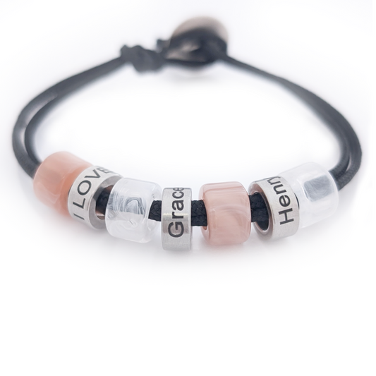 Personalised Beaded Bracelet With Engraved Rings (black cord)