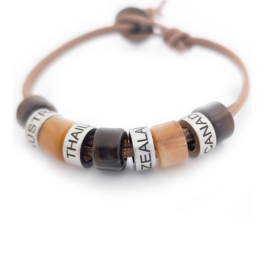 Personalised Beaded Bracelet With Engraved Rings (mocha cord)