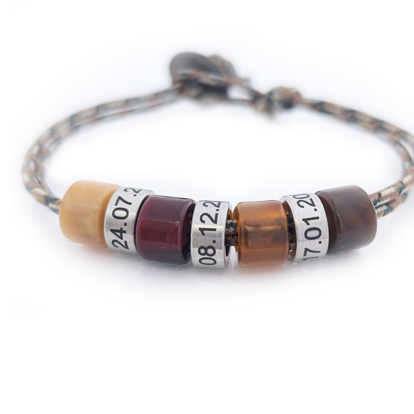 Personalised Beaded Bracelet With Engraved Rings (mocha cord)