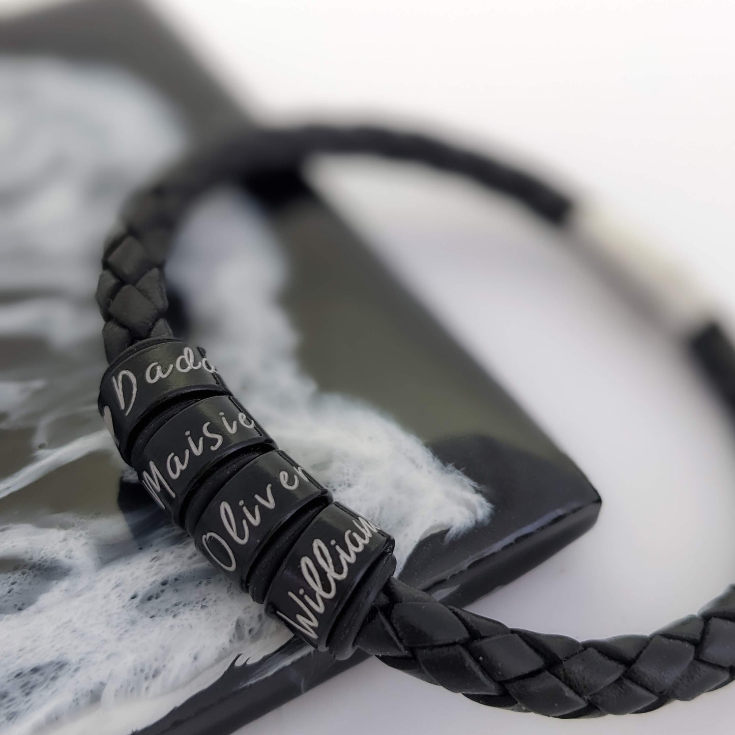 Personalized Mens Leather Bracelet With Black Name Rings