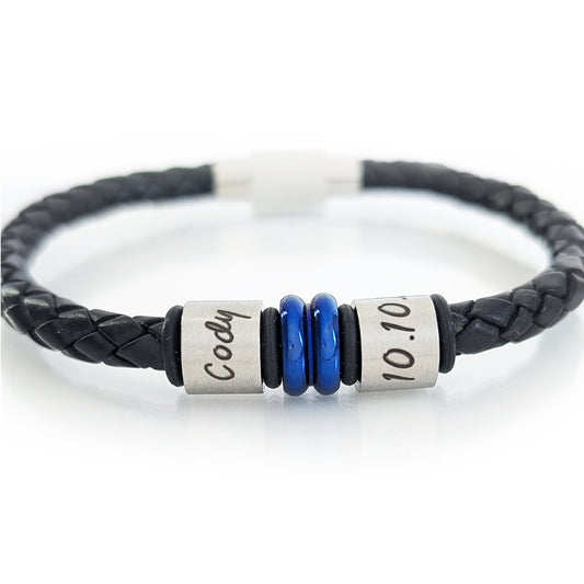 Custom Engraved Leather Bracelet with Stainless Steel Rings & Blue Accent Bead
