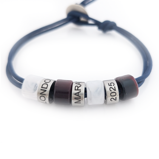 Personalised Beaded Bracelet With Engraved Rings (navy cord)